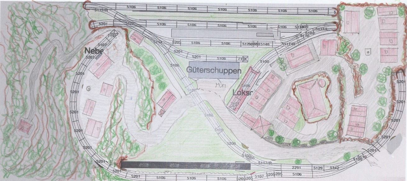 Erster Plan der oberen Ebene mit Landschaftsvorstellung (mit Buntstift dazugemalt)